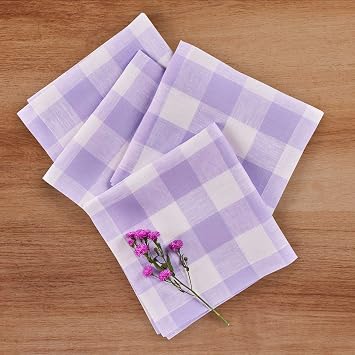 Solino Home Linen Napkins Set of 4-100% Pure Linen Misty Lavender Buffalo Check Dinner Napkins Cloth 20 x 20 Inch for Spring, Summer
