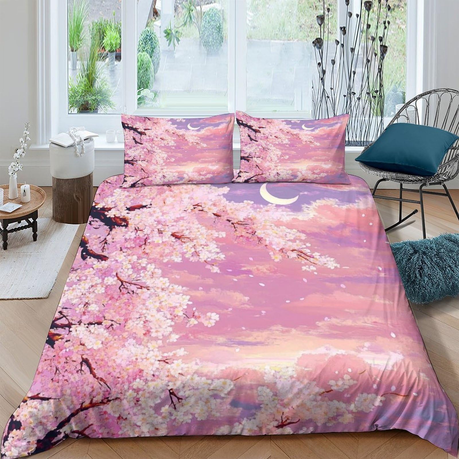 Ctjqhvkz Style-1 3D Printed Sakura Moonlight Fitted Sheet Microfiber Soft Pink Blossom Bed Cover For Bedroom Dorm Mattress Decor Single（135X200cm）