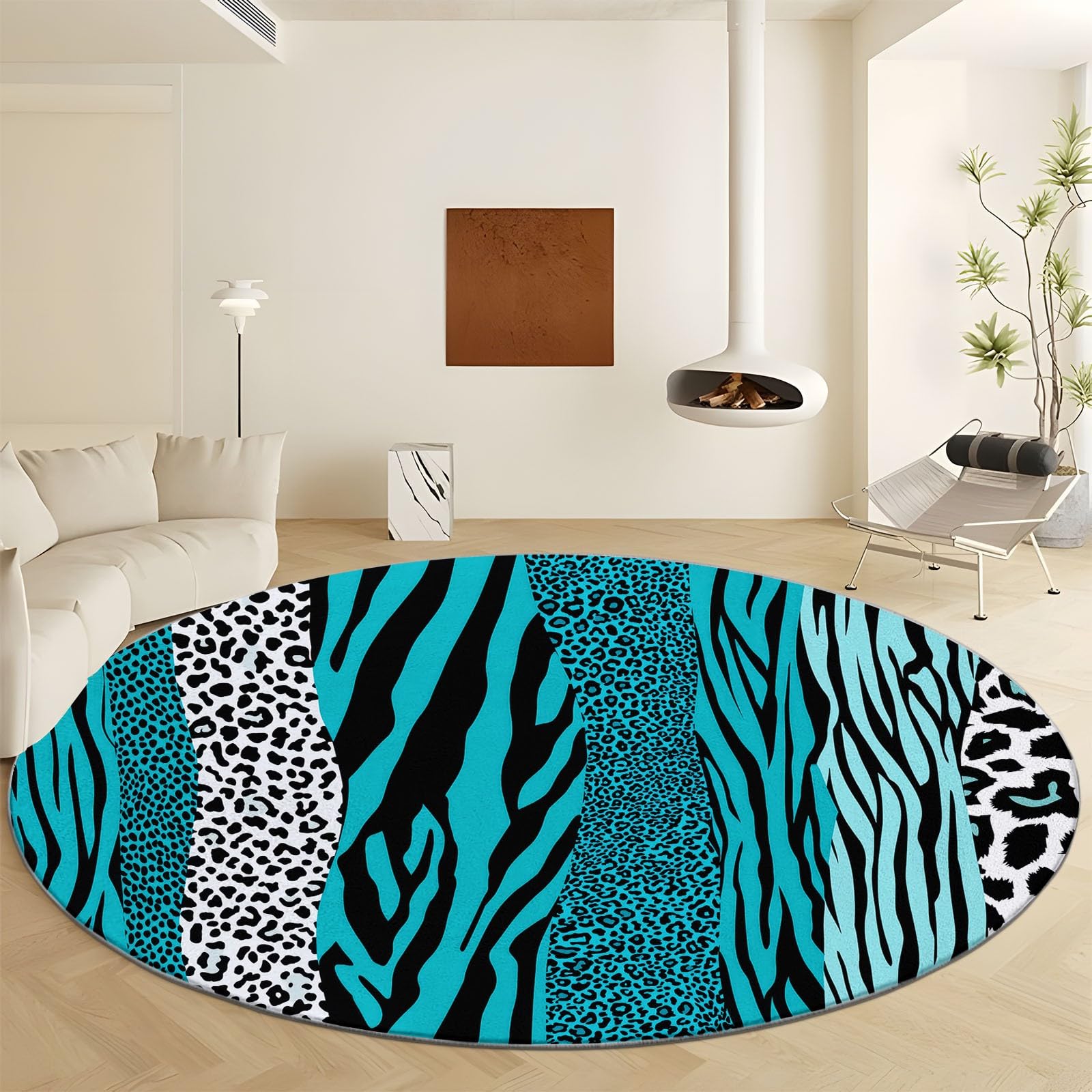 Tapis rond 210 cm motif zèbre abstrait turquoise lavable