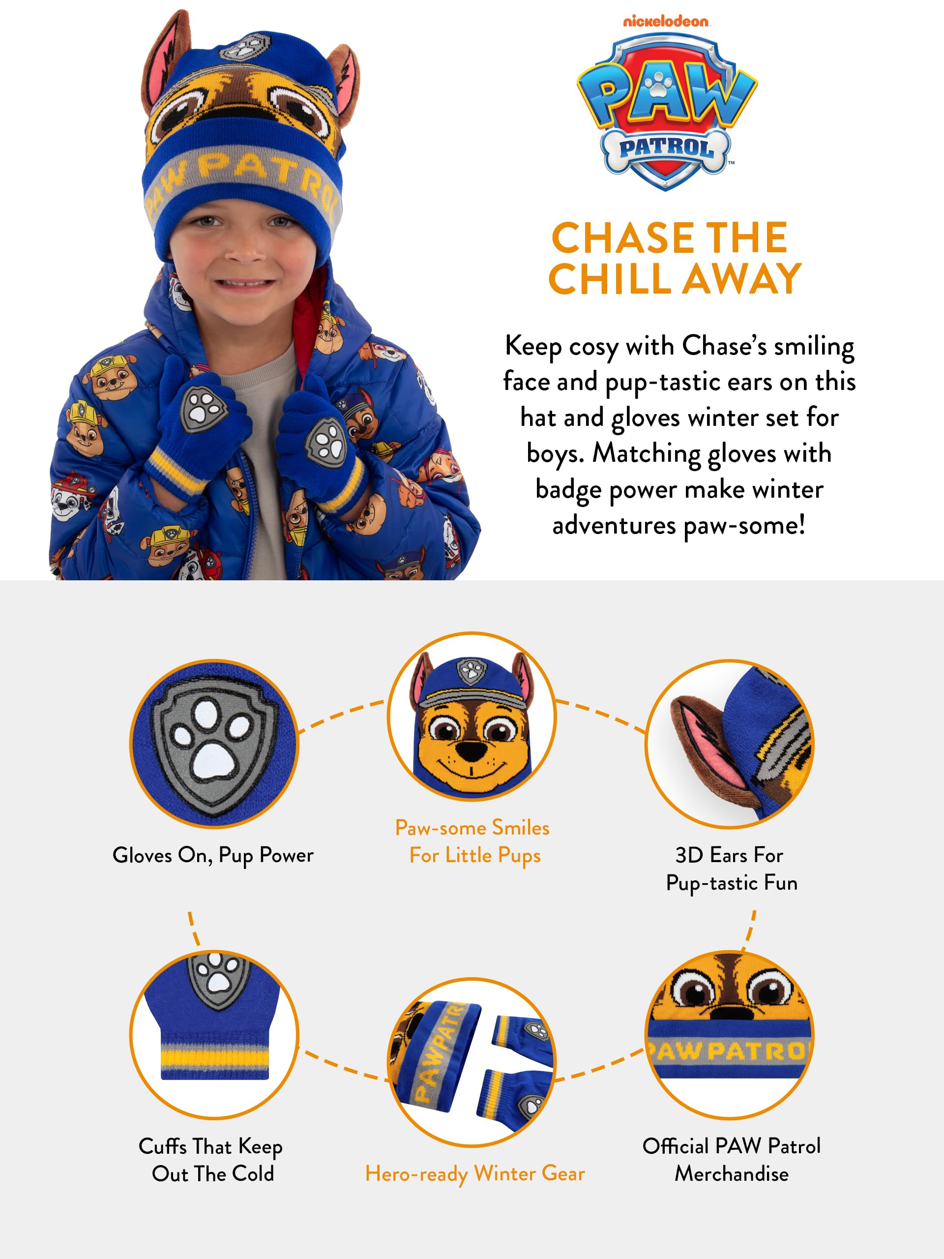 Paw Patrol Conjunto De Gorro Y Guantes Para Niños, Conjunto De Gorro Y Guantes Chase Con Orejas 3D, Azul, Talla Única