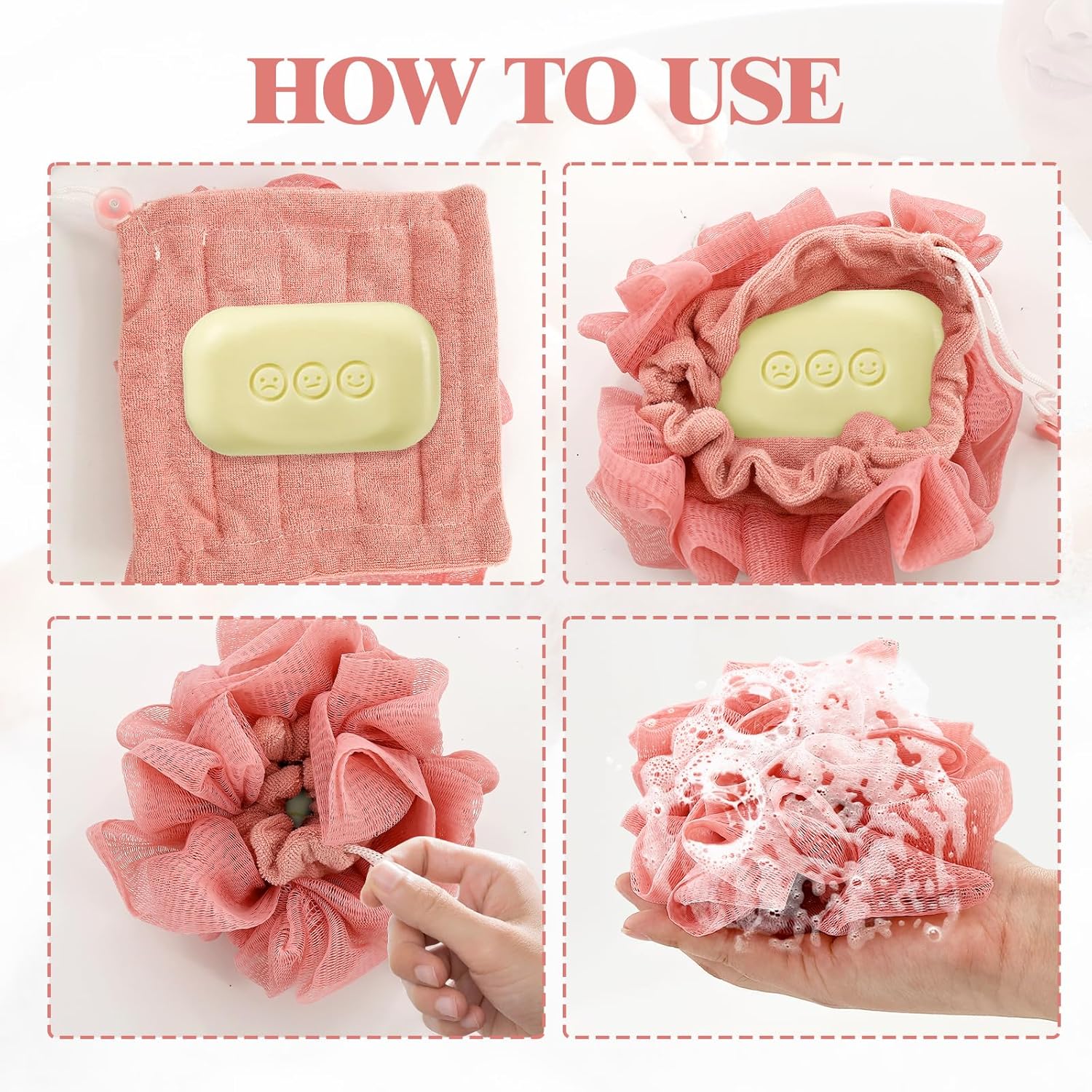 2 Pcs Bath Sponge with Drawstring,That Holds Bar Soap,for Cleansing and Smooth Skin,2 in 1 Loofah Washcloth Combo Soap Bar Loofah(Pink,Green) - Image 5
