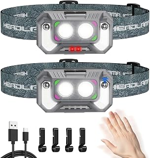 LED Headlamp Lightweight with Red Light Motion Sensor, 5 Modes USB-C Rechargeable, 6-Hour Runtime, Waterproof Headlamps for Adults Rechargeable for Camping,Running,Fishing,and Work, 2 Pack