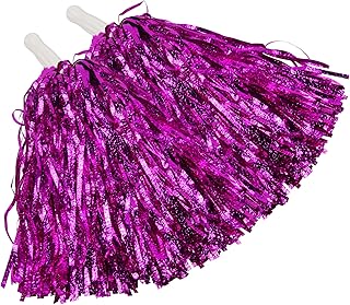 Hooshing 12 pompones de color rosa intenso para animadoras metálicas con mango de bastón para bailes, deportes, fiestas, escuadrones de animadoras