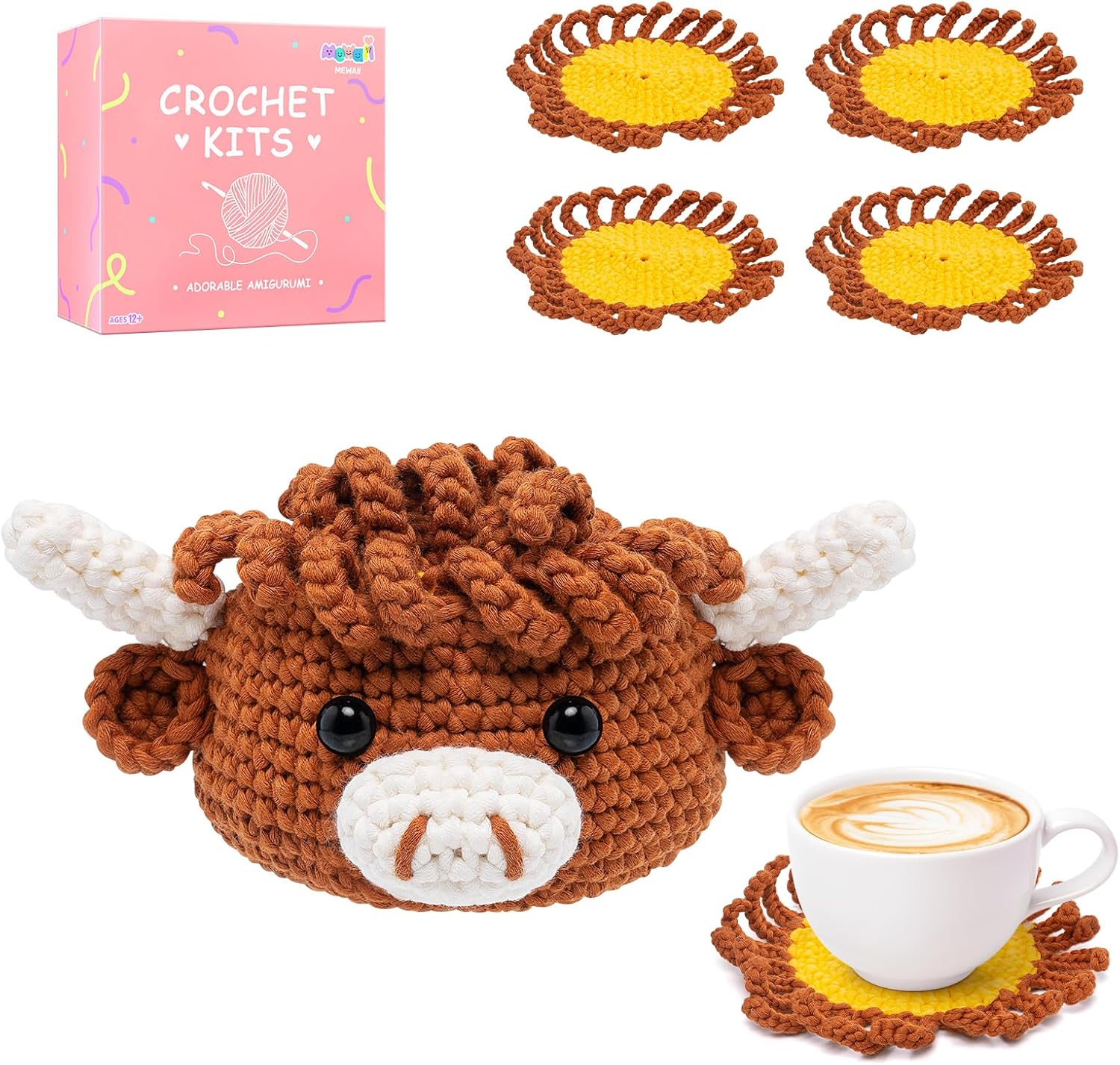 Mewaii Crochet Kit for Beginners Level 3 with 40% Extra Eco-Friendly Pre-Started Easy Yarn, Step-by-Step Video Tutorials for Adults and Kids (Highland Cow Coaster) Brown Yellow