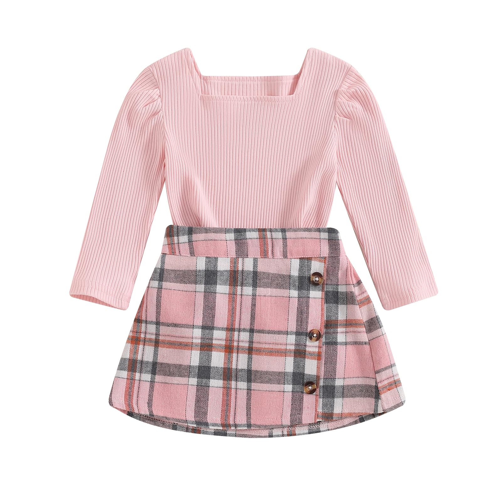 BeQeuewll Fall Winter Toddler Baby Girl Clothes 2Pcs Long Sleeve Ribbed Knit Shirt Plaid Skirt 1T 2T 3T 4T 5T Girls Dress