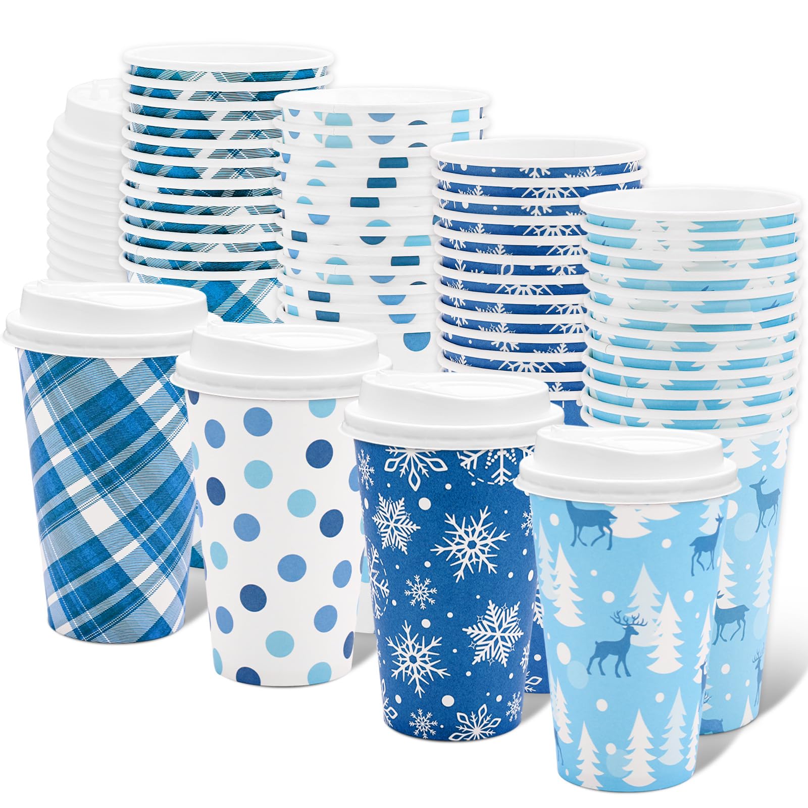 Christmas Disposable Coffee Cups with Lids 16 Oz Xmas Blue Paper Cups Plaid Polka Dot Reindeer Snowflake To Go Coffee Cup for Winter Party Cafe Hot Cold Drinks, 48 Pcs