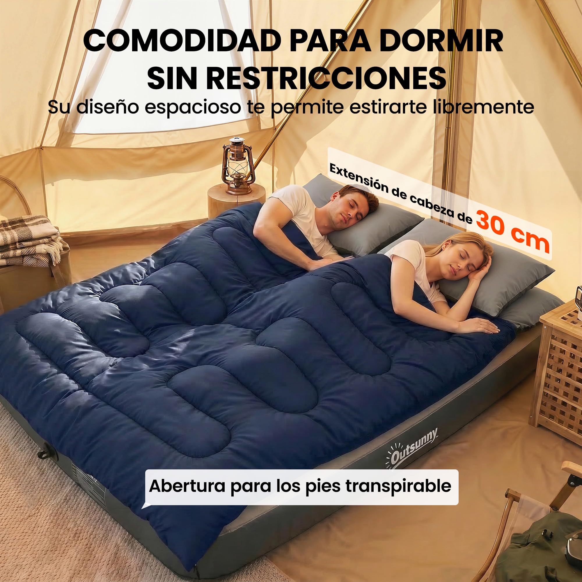 Outsunny Saco de Dormir Doble Adulto, Ligero, Tamaño Queen para 2 Personas 3 Estaciones, Saco de Dormir Rectangular con 2 Almohadas y Bolsa Transporte, para Días Fríos, Acampar, Senderismo Azul Oscuro