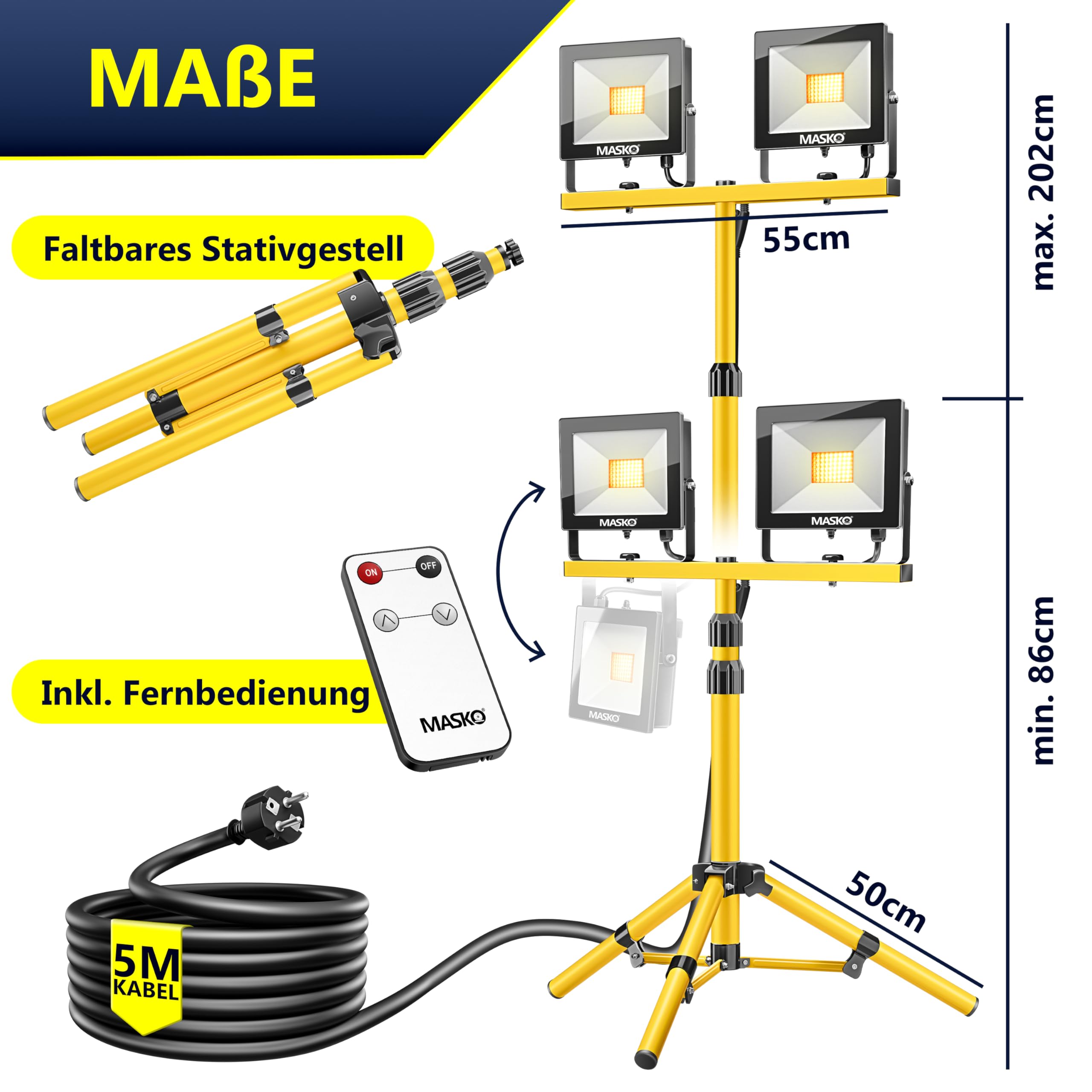 MASKO® LED Baustrahler 8000 Lumen Doppel 2x50W mit Stativ & Fernbedienung Arbeitsleuchte 72LEDs Arbeitsscheinwerfer 360° Drehbar IP65 Bauscheinwerfer 5m Kabel Baustellenlampe höhenverstellbar 86-202cm