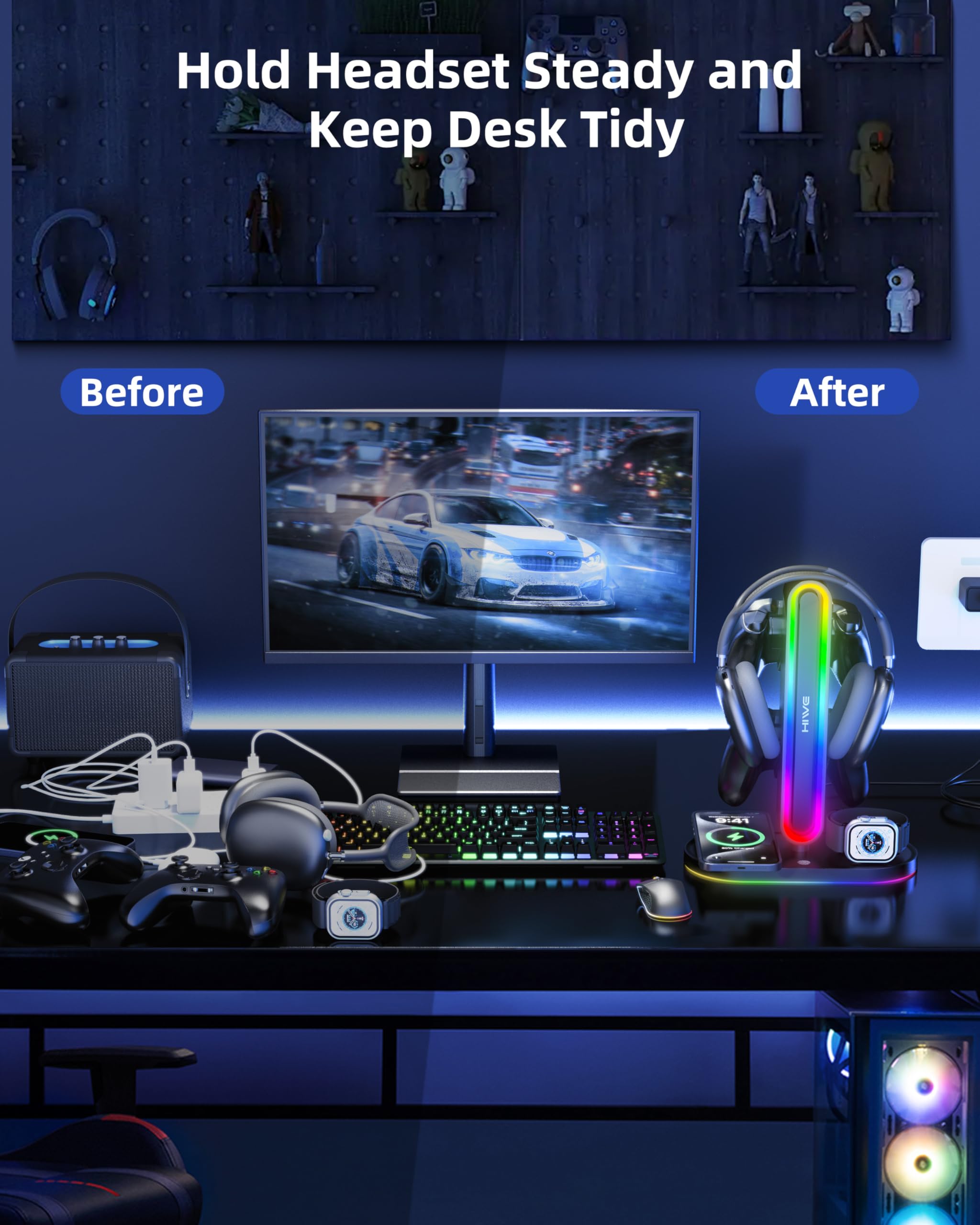 HiWe Supporto universale per cuffie da gioco RGB con 2 supporti per controller, caricabatterie wireless per iPhone/iWatch, ABS solido, base antiscivolo, nero