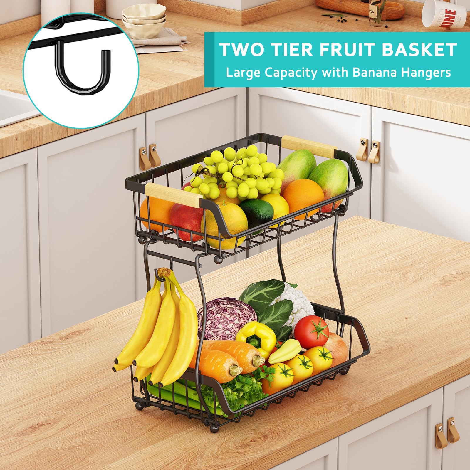 ANTOPY Fruit Basket, 2 Tier Fruit Bowl with Banana Hanger, Kitchen Countertop Vegetable Rack - Image 3