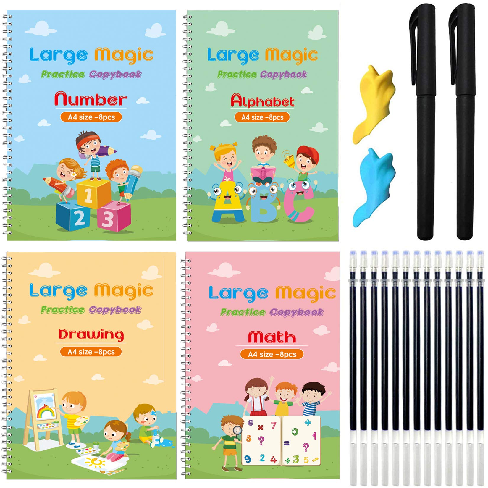Monking 4Pc Large Magic Practice Copybook for Kids,Handwriting Practice Book 4 Pack with Pen Refill English Cursive Calligraphy Reusable Age 3-8 ?11.4x8.3Inch (4pc+2 pen)
