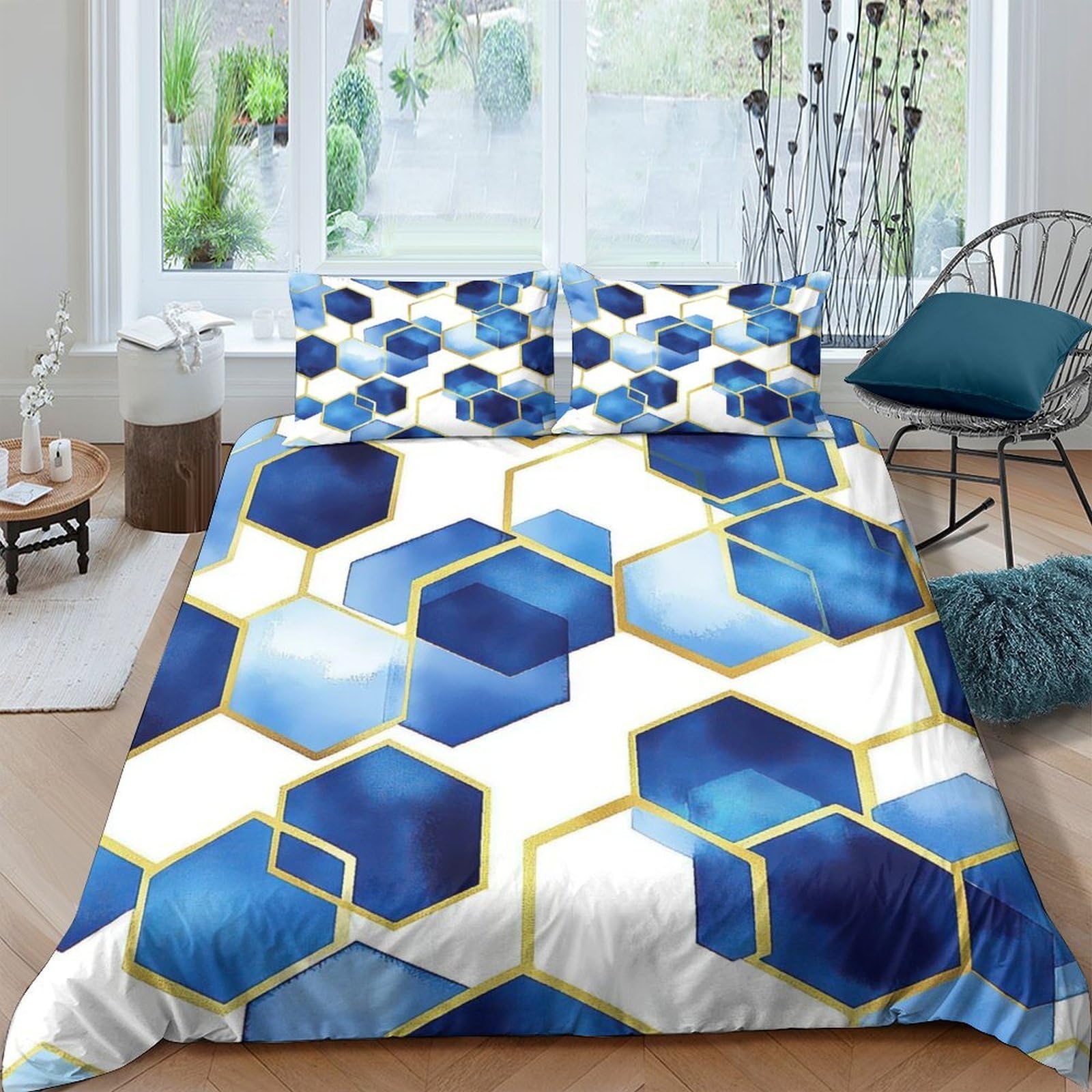 GPLZQXKJNH 3D Printed Blue Geometric Hexagon Duvet Cover Microfiber Breathable Bedding Set with 2 Pillowcases for Bedroom Decor Single（135x200cm）