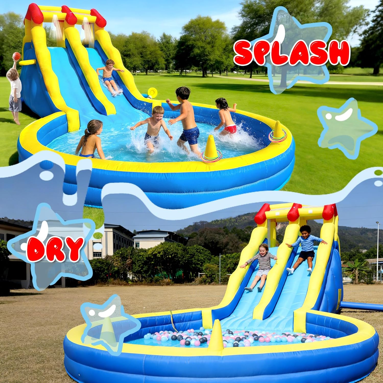 Inflatable Water Double Slides Big, Water Slide for Big Kids Backyard 3-8Y, with Climbing Wall, Water Pipe, Ground Stakes, Basketball, Carry Bag, Heavy Duty UL Blower, Quick Set Up(Dry/Wet)