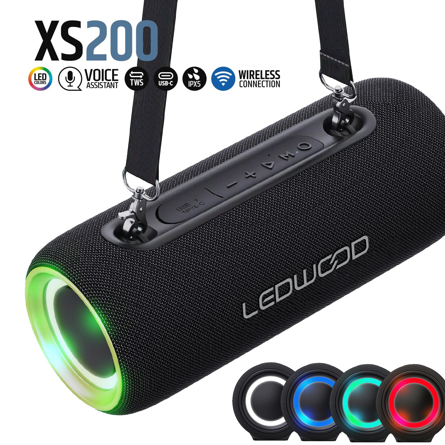 Enceinte Autonome HiFi 200W Ledwood XS200, Effet LED, Buetooth, IPX5, Assistant Vocal, 20W RMS, Batterie 2000mAh, Ovni