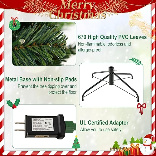 Miniatura 8 de HAPPYGRILL Árbol de Navidad artificial preiluminado de 8 pies, árbol de Navidad con 1272 puntas de rama, agujas de pino, 500 luces LED multicolor y