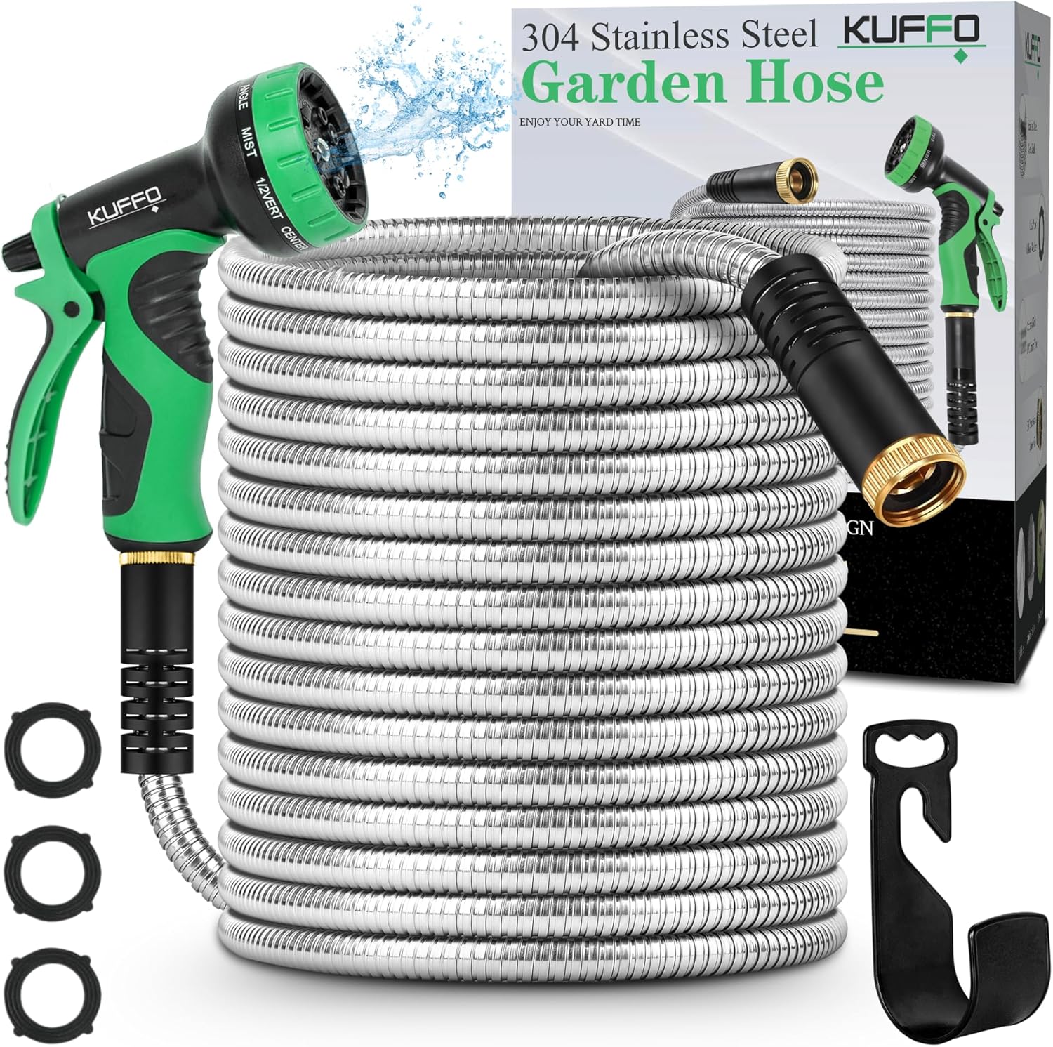 KUFFO Metal Garden Hose 100 ft - Heavy Duty Stainless Steel 304 Water Hose with 10Function Nozzle - Flexible, Lightweight, Puncture-Resistant, No-Kink Outdoor Metal Hose for Yard, Gardening, Patio, RV