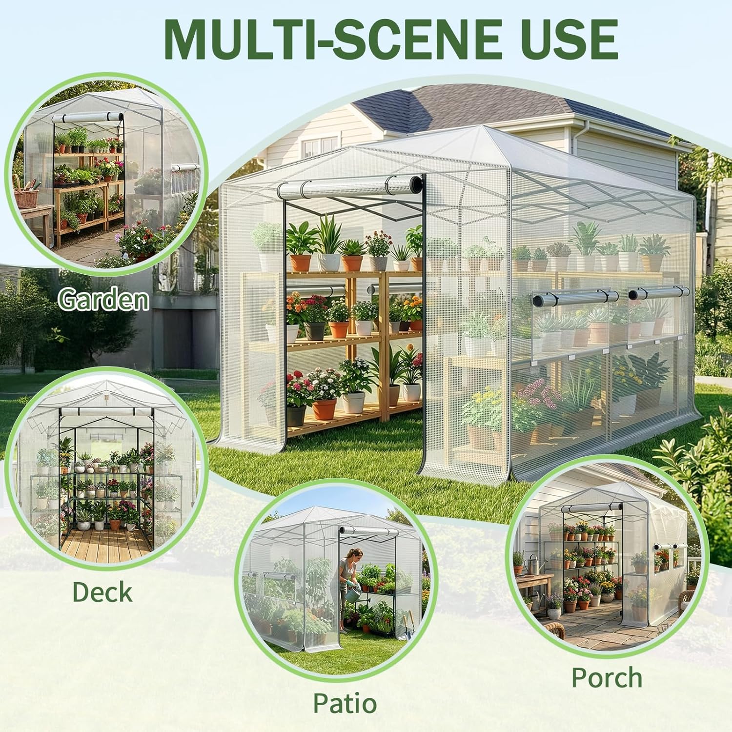 Outvita 8x12ft Greenhouse, Instant Walk-in Pop Up Tent Greenhouse for Indoor Outdoor Gardening Easy Setup Shelter with Roll-up Zipper Entry Doors and Windows