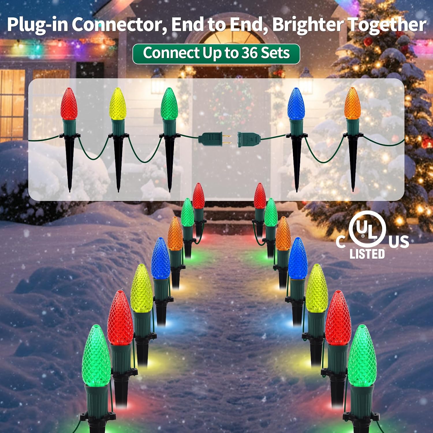 25.7ft Christmas Pathway Lights Outdoor with C9 Strawberry 20 LED Bulbs, Multicolor Christmas Walkway String Lights with Stakes for Driveway, Yard, Patio, Connectable & Weatherproof