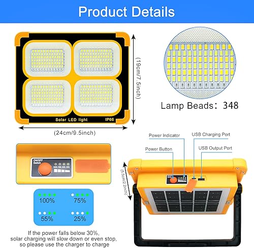 Miniatura 6 de Luz solar de trabajo LED portátil 100W 12500mAh 10000 LM 348Led Control de un solo botón Iluminación del lugar de trabajo, luz de piso recargable