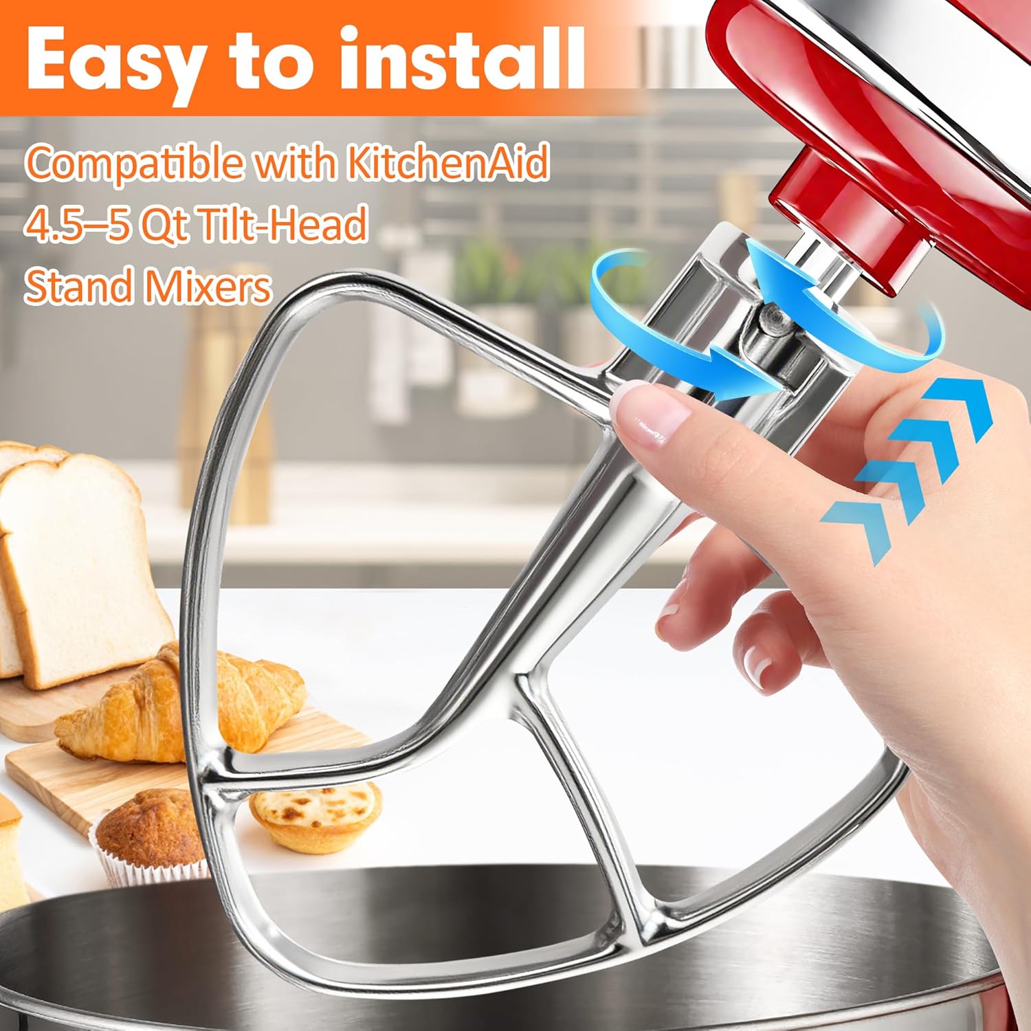 K45B Stainless Steel Flat Beater for Kitchenaid 4-5 Quart Tilt Head Paddle attachment, Heavy-Duty Beater Replacement for Dough, Batters, and Everyday Mixing, Dishwasher Safe