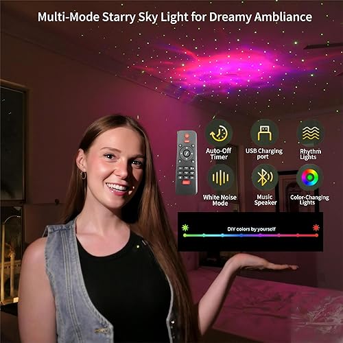 Miniatura 3 de Base de cama LED Queen con 4 cajones, cargador de proyector de galaxia estrella, altavoz de música, cabecera tapizada con respaldo de ala, marco de