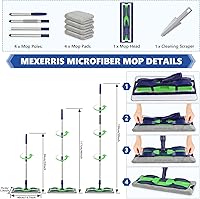 Vista 5 de Trapeadores de microfibra para limpieza de suelos de madera dura: Fregona plana MEXERRIS con 4 almohadillas lavables con mango ajustable de 59