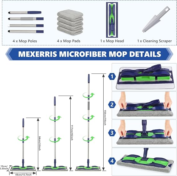 Microfiber Mops for Hardwood Floor Cleaning: MEXERRIS Flat Floor Mop with 4 Washable Pads 59 Adjustable Handle - Dust Dry Mops for Kitchen Bathroom Tile Laminate Wood Vinyl - Home Commercial Mop