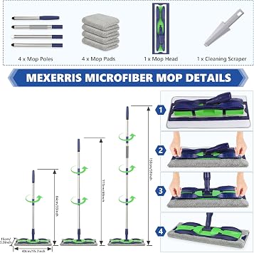 Microfiber Mops for Hardwood Floor Cleaning: MEXERRIS Flat Floor Mop with 4 Washable Pads 59 Adjustable Handle - Dust Dry Mops for Kitchen Bathroom Tile Laminate Wood Vinyl - Home Commercial Mop