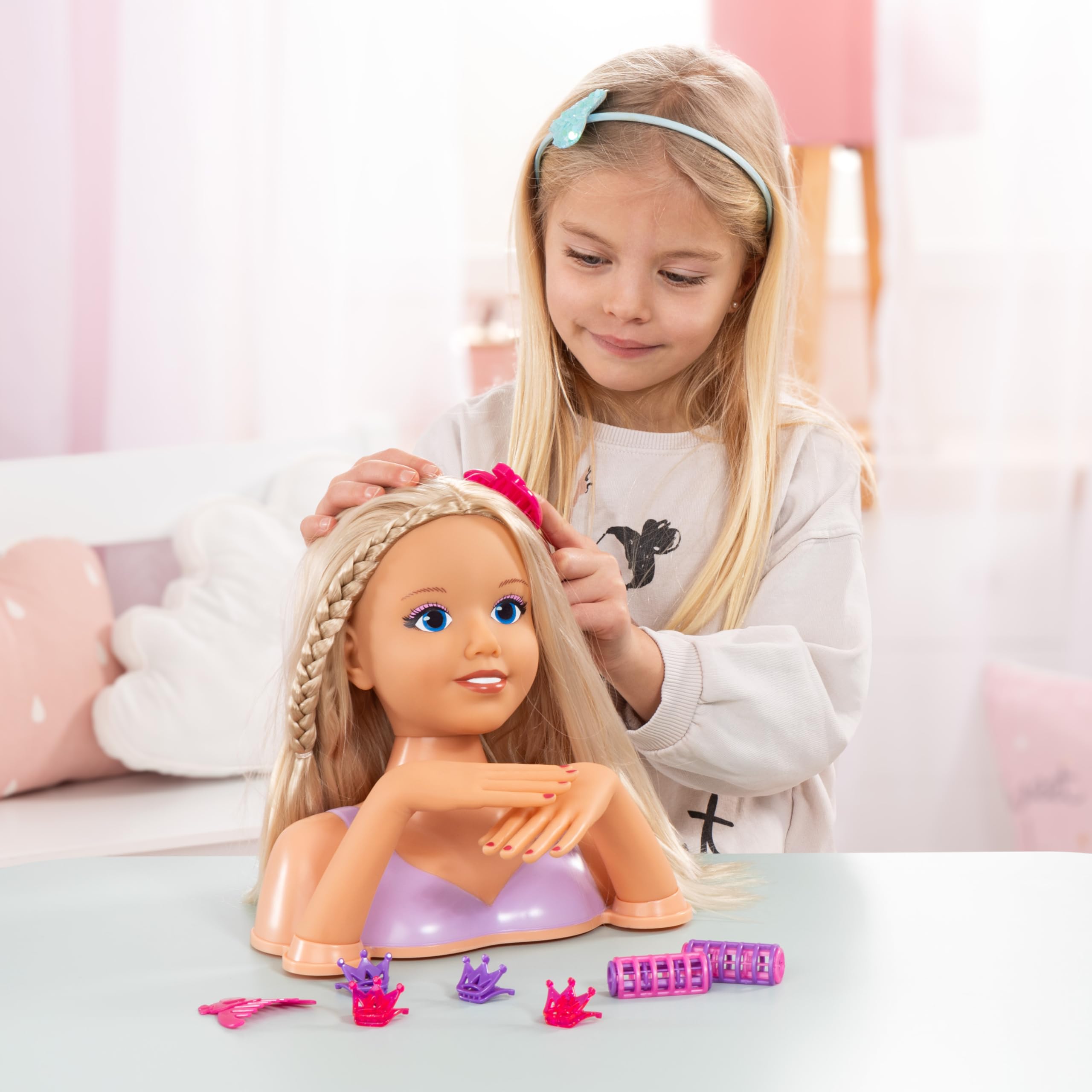 Bayer Design 90025AC Lisa Top Model Frisierkopf Schminkkopf, Puppenkopf mit Haarzubehör, Händen, Make-up, 25 cm, Blond