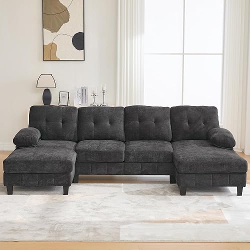 Merax U Shaped Sectional Sofa,103.5" Chenille Fabric Sofa Couch with Dual Chaise Lounges,Storage Pockets and Armrest Pillows for Living Room,Black