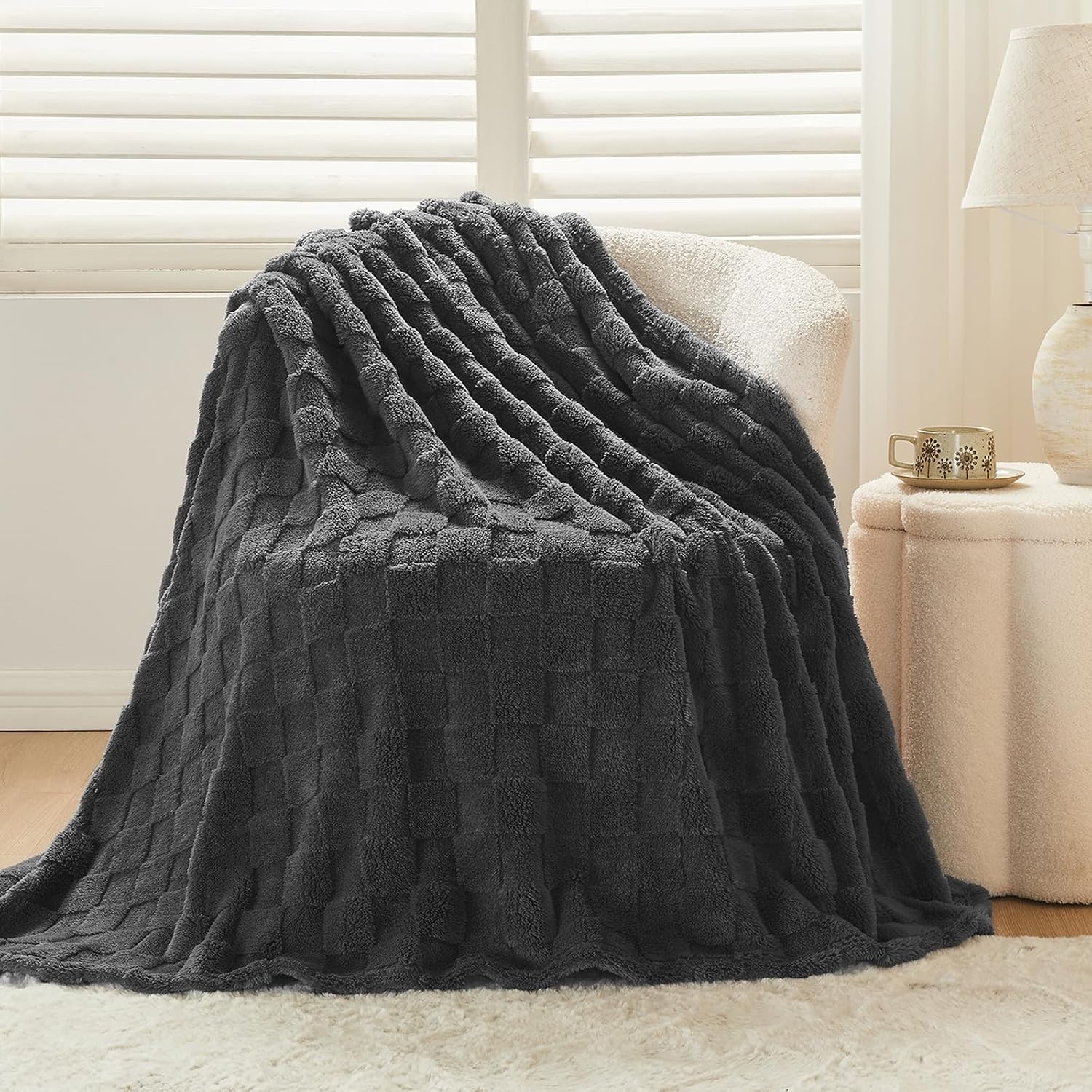 NEWCOSPLAY Super Soft Throw Blanket Dark Grey Premium Silky Flannel Fleece 3D Checkered Lightweight Bed Blanket All Season Use (Dark Grey Checkered, Throw(50"x70")) - Image 4