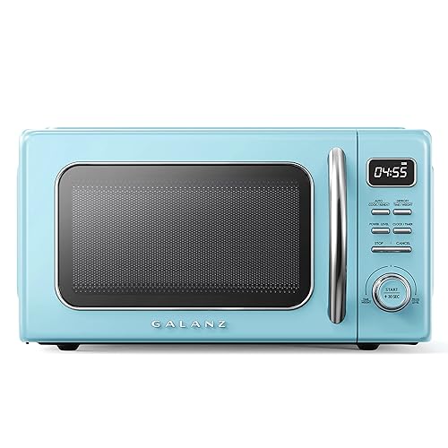 Galanz GLCMKZ11BER10 Retro Countertop Microwave Oven with Auto Cook & Reheat, Defrost, Quick Start Functions, Easy Clean with Glass Turntable, Pull Handle, 1.1 cu ft, Blue - Blue - 1.1 cu ft - Modern - Microwave Oven