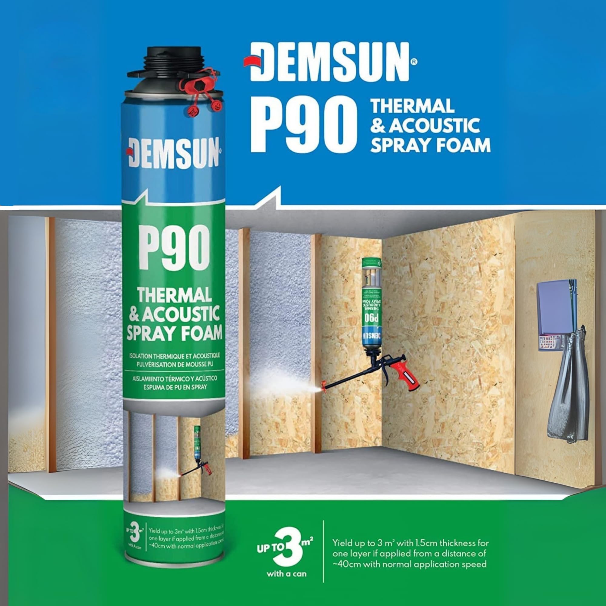 Demsun P90 Thermal & Acoustic Polyurethane Spray Foam – Closed Cell Insulation for Walls, Attics, Basements – High R-Value, Soundproofing & Energy Efficiency – 850ml (6)