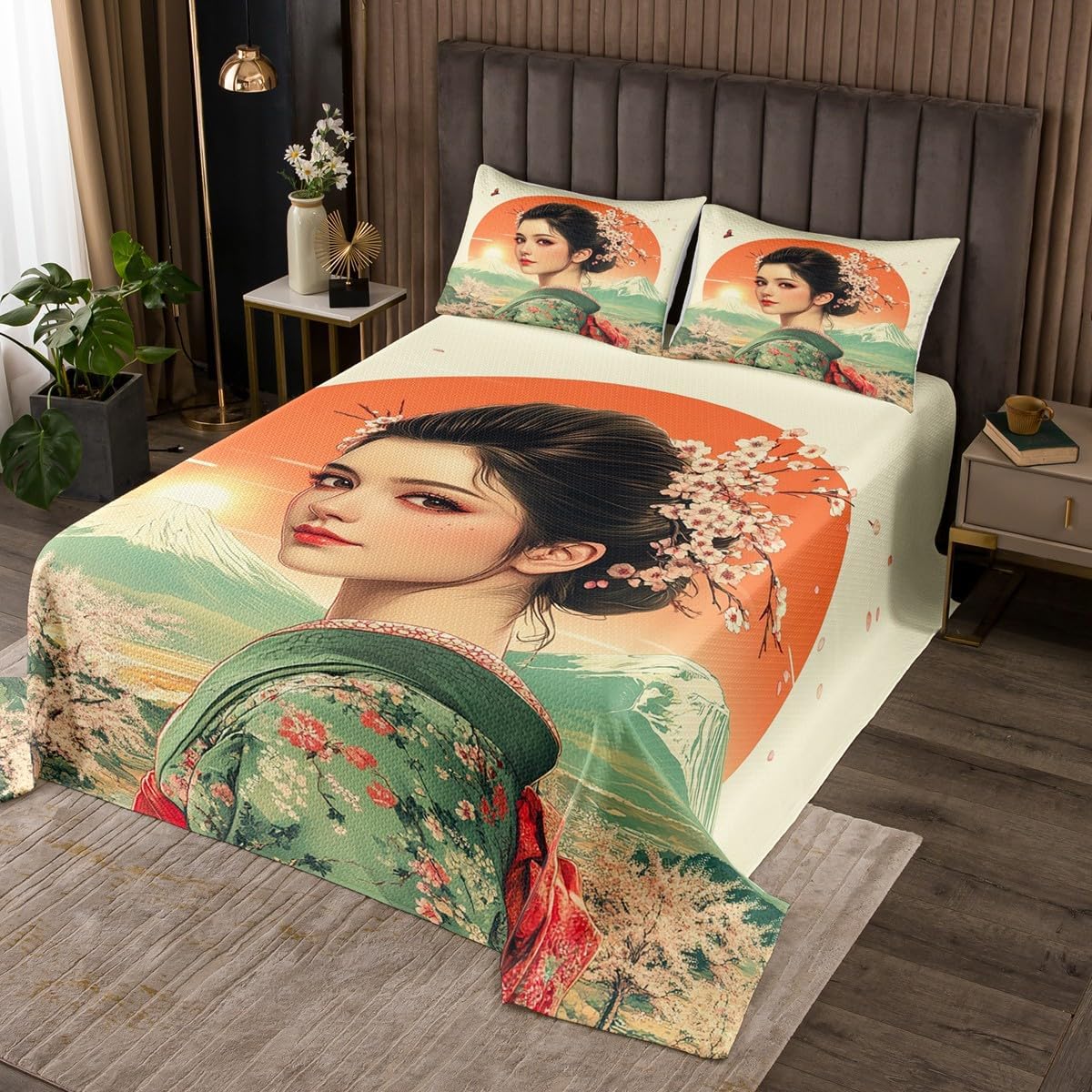Erosebridal Japanese Geisha Bedspread Set Queen Size,Tokyo Ukiyoe Quilt Sets,3 Piece Romantic Floral Print Quilts，Japenese Traditional Wafuku Style Coverlet Set with 2 Pillowcases