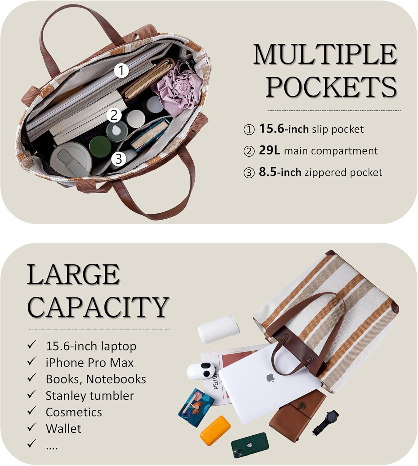 Large Women's Work Tote Bag – Laptop Compartment,Canvas Shoulder Bag for Office & Daily Use,Tote Bag with Spacious Storage - Image 4