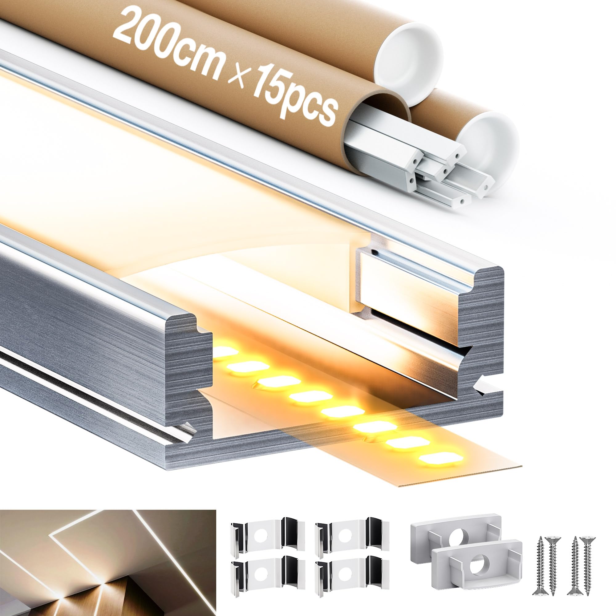 15× 2M LED Profil（Gesamt 30m）in Aluminium für LED Streifen, LED Kanal und opalisierenden Diffusor, max. LED Streifen 12mm - Abmessungen 17.4 x 7mm
