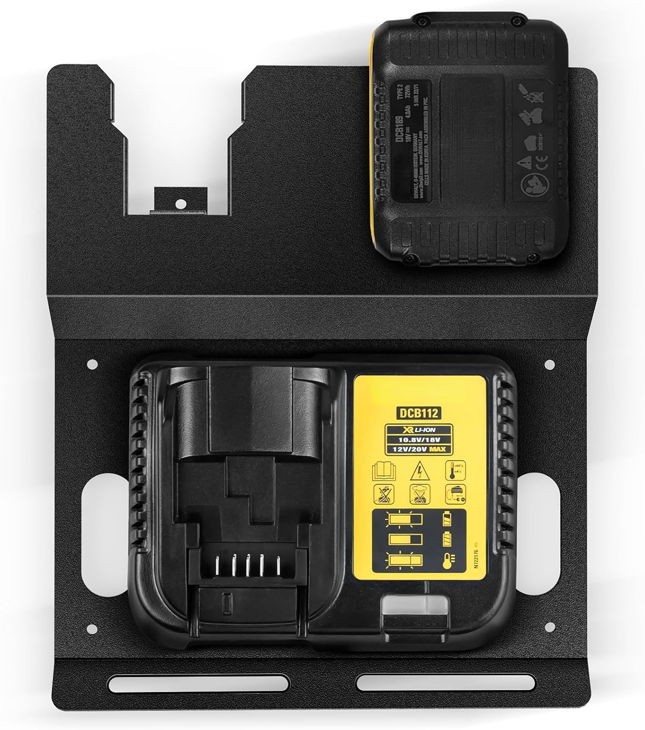 Wall Mount Bracket for DeWalt DCB112 Charger and 20V Battery, Metal Black Rugged 2 Battery Holder and Charger Holder for Tool Room and Garage