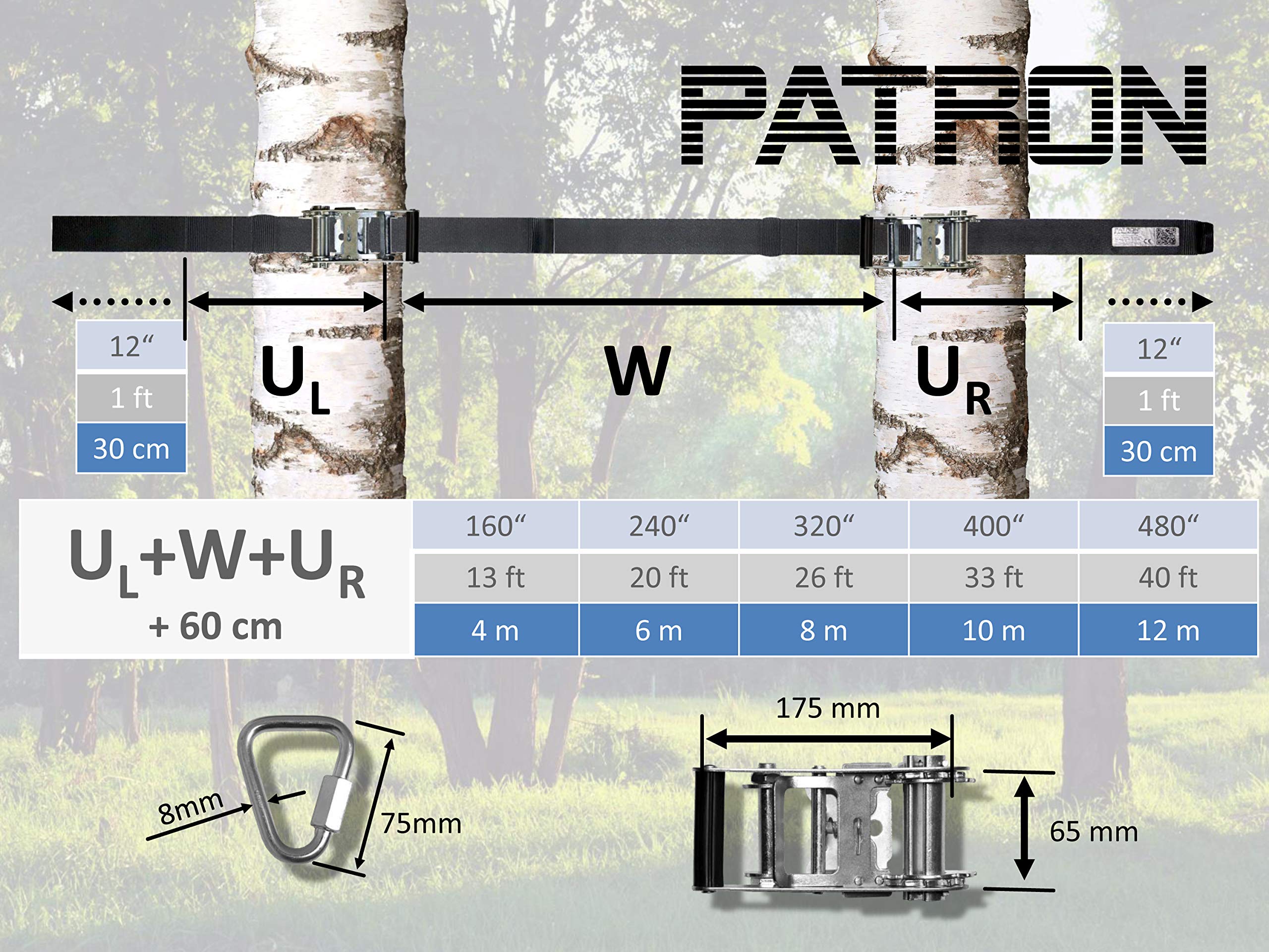 PATRON® BETWEEN 12m, Spanngurt zum Hängen zwischen Bäumen - Belastbarkeit 2200 kg inkl. 2 Premium Delta Karabiner, Polyester, abnehmbar und erweiterbar, PAT Bandlänge:12m