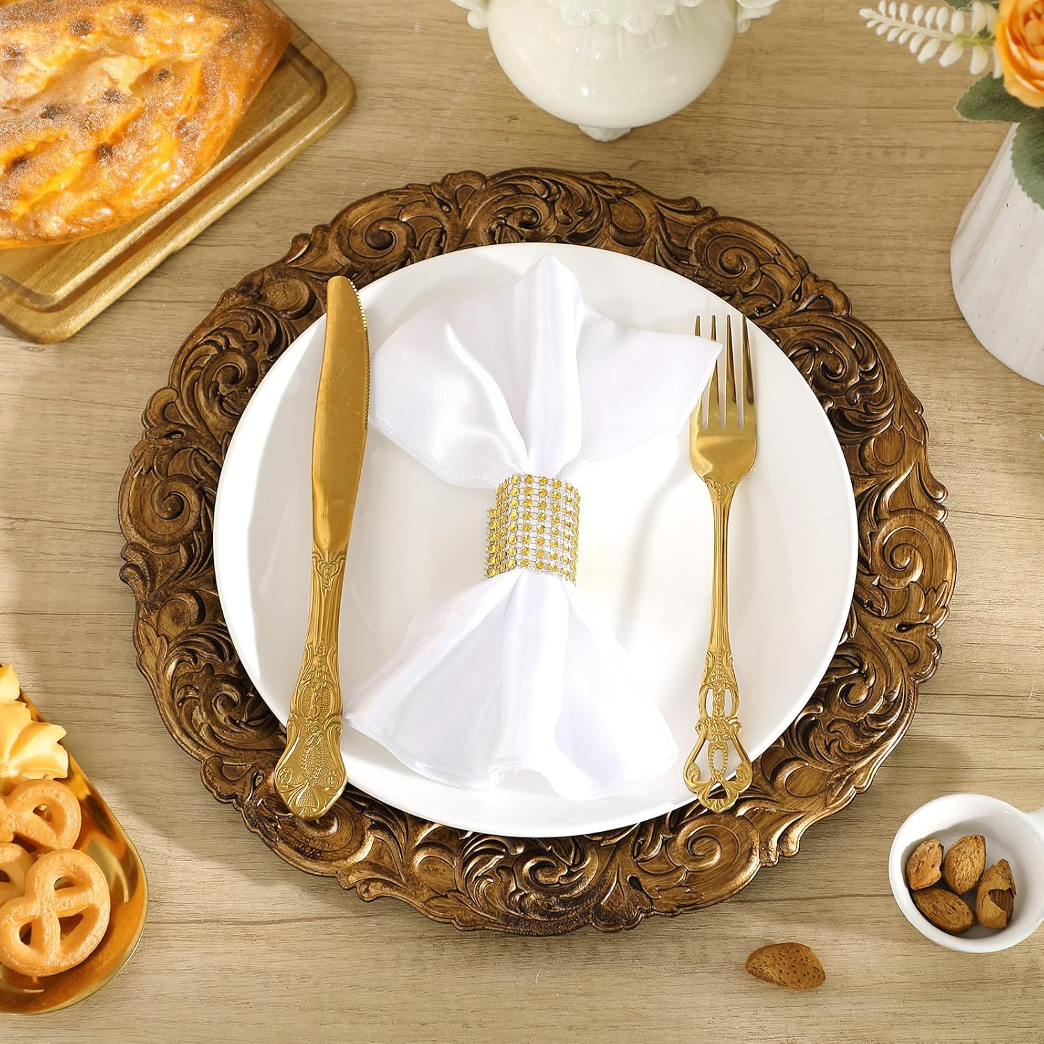 12 Pcs Antique Gold Charger Plates Bulk 13 Inch Embossed Rim Plastic Round Decorative Vintage Plates Charger for Dinner Wedding Party Event Table Setting Decoration (Classic)