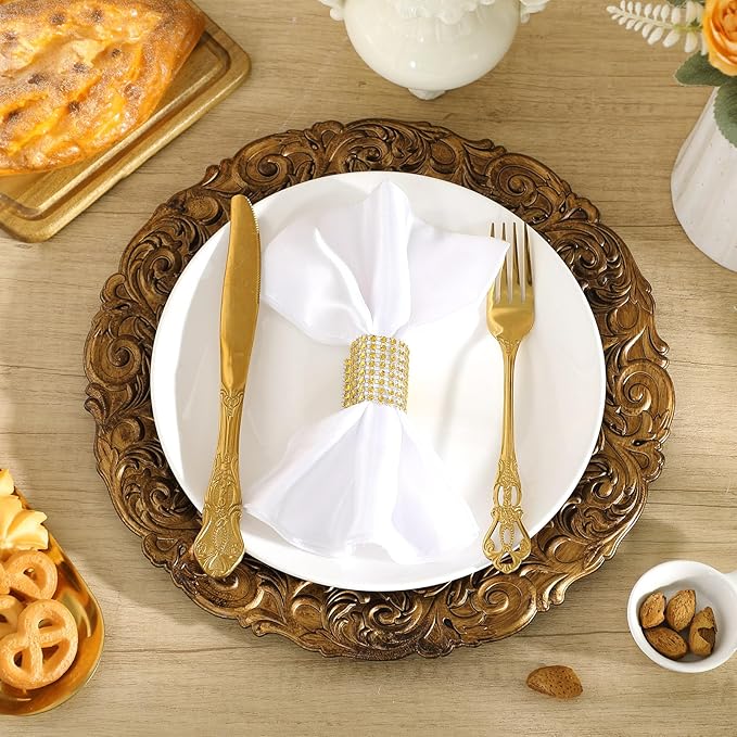 12 Platos Cargadores Dorados Antiguos de Plástico de 33 cm miniatura 2
