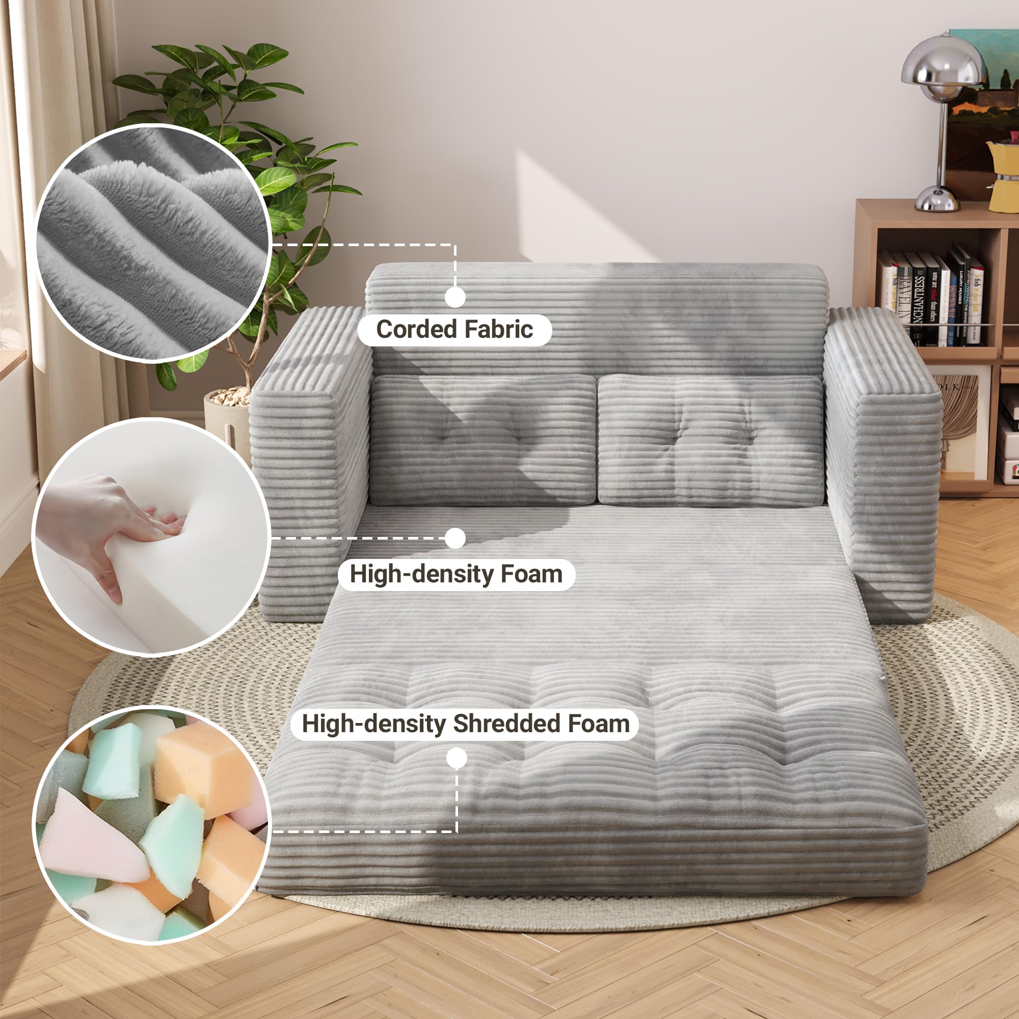 Xbro Sofa Cama 2 Plazas, Sillón Cama Convertible 3 en 1, Sofa Comprimido para Sala de Estar, Tela de Pana, 150 x 86 x 75cm, Gris Claro