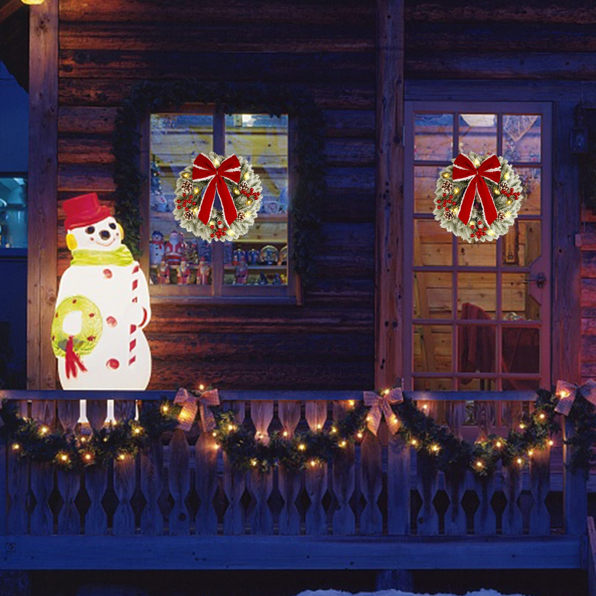 ATDAWN 2 coronas de Navidad, guirnalda de Navidad iluminada al aire libre de 15 pulgadas para puerta delantera, corona de Navidad para decoraciones de fiesta de Navidad