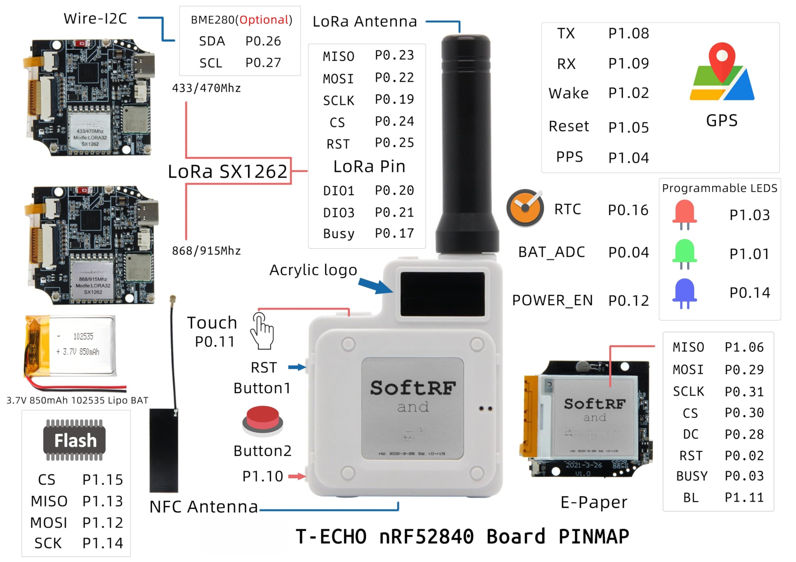 VIDOO Modulo Wireless NRF52840 LoRa SX1262 Sensore BME280 E-Paper 1,54 per Arduino L76K-Bianco Meshtastic 433MHz