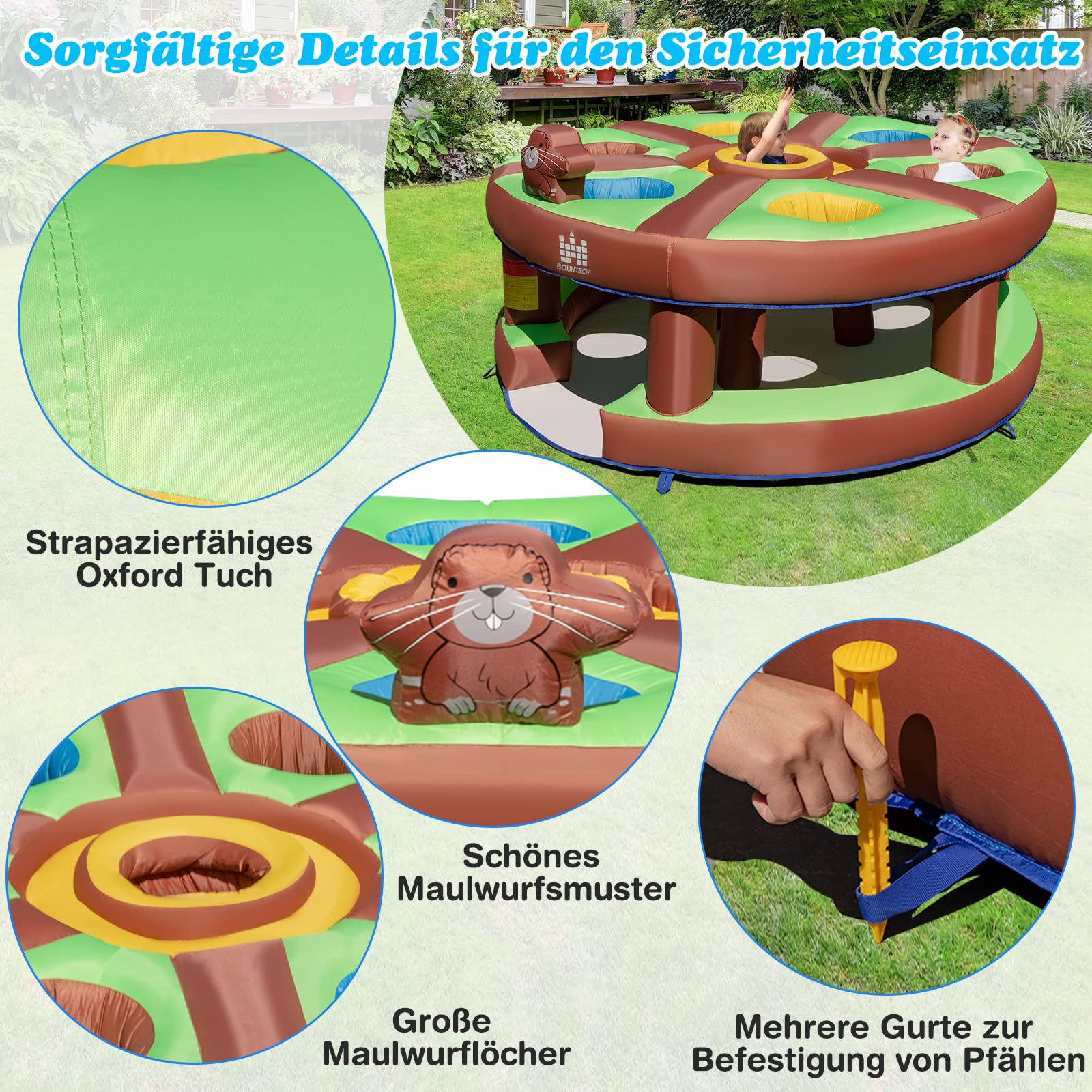 COSTWAY Aufblasbares Hau-den-Maulwurf Spiel für Kinder, riesiges Kinderspiel mit 480W Gebläse, aufblasbarem Hammer, Pflöcken, aufblasbares interaktives Familienspiel für Innen- & Außenbereich