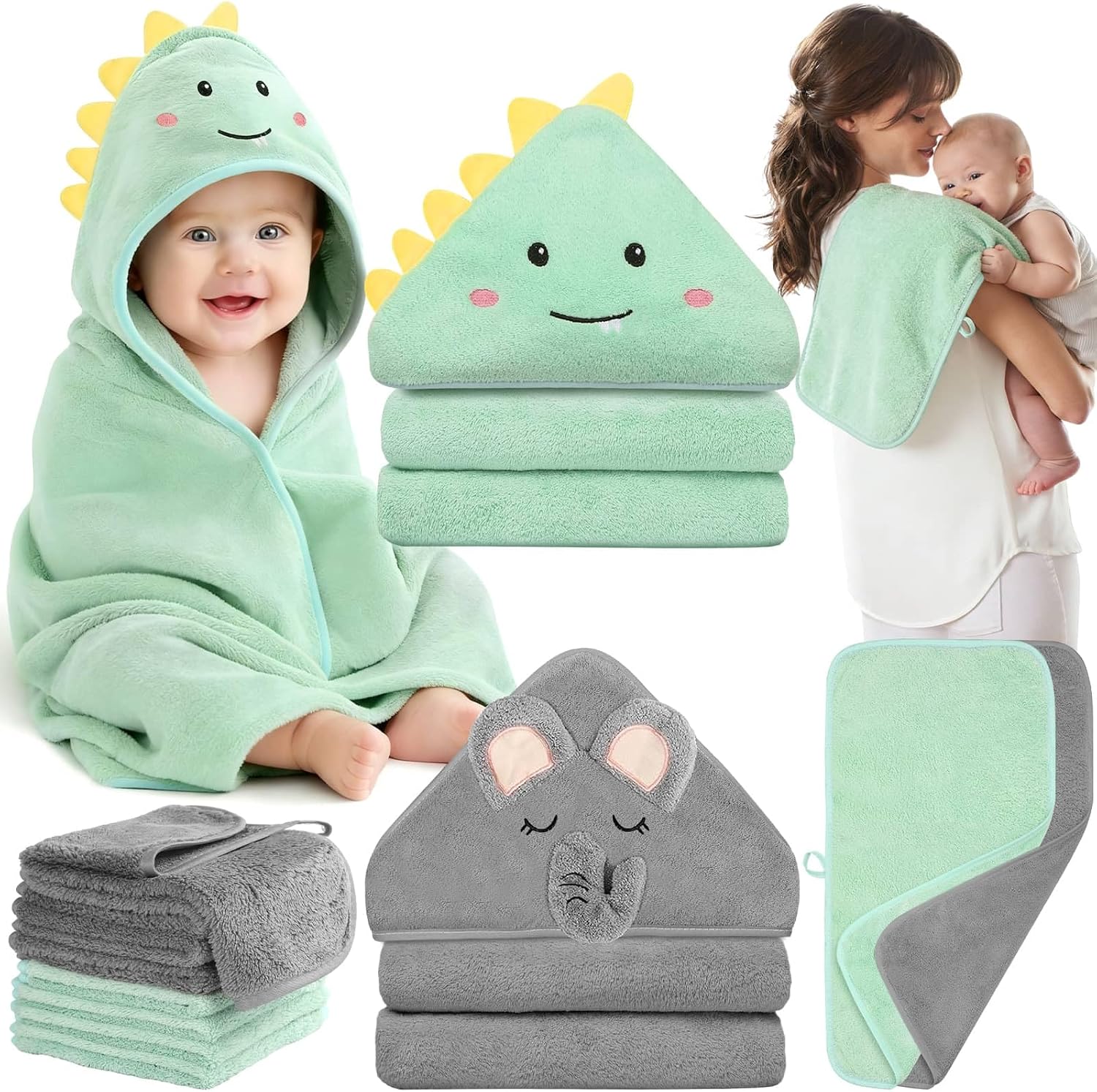 Flasoo 4 Pcs Baby Towels and Washcloths Set, 1 Pcs Animal Hooded Baby Towels & 3 Pcs Baby Washcloths for Newborns, Toddlers, and Kids, Soft Absorbent Hooded Bath Towel for Boys & Girls (Gray Elephant)