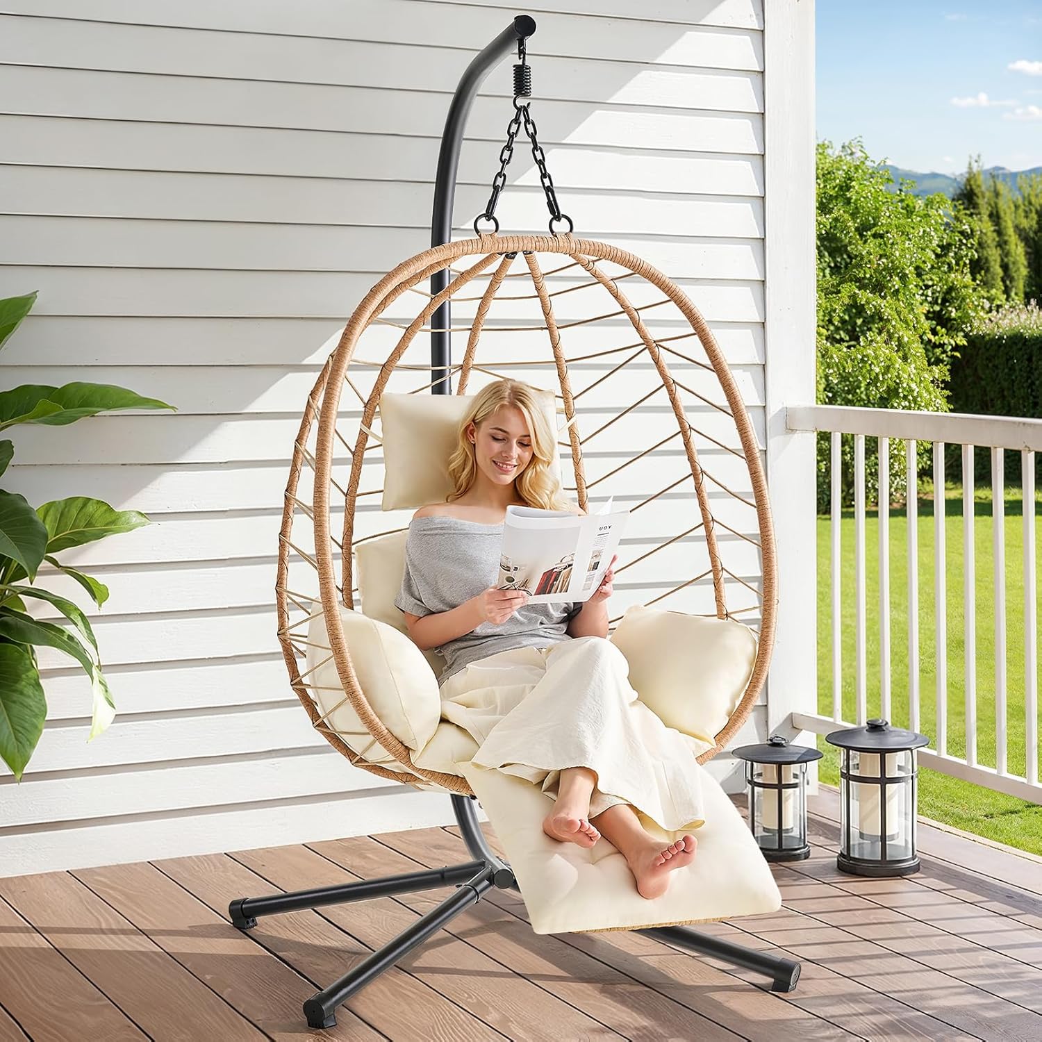 ONBRILL Hanging Egg Chair with Adjustable Footrest & Stand, Wicker Rattan Swing Hammock Chair with Cushion & Double Chains, 350LBS Capacity for Outdoor & Indoor Patio, Deck, Bedroom, Balcony (YE-BE)