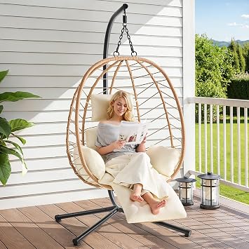 Hanging Egg Chair with Adjustable Footrest & Stand, Max Load 350LBS | Wicker Rattan Swing Hammock Chair with Cushion & Double Chains, Outdoor & Indoor Patio, Deck, Bedroom, Balcony, Yellow-Beige