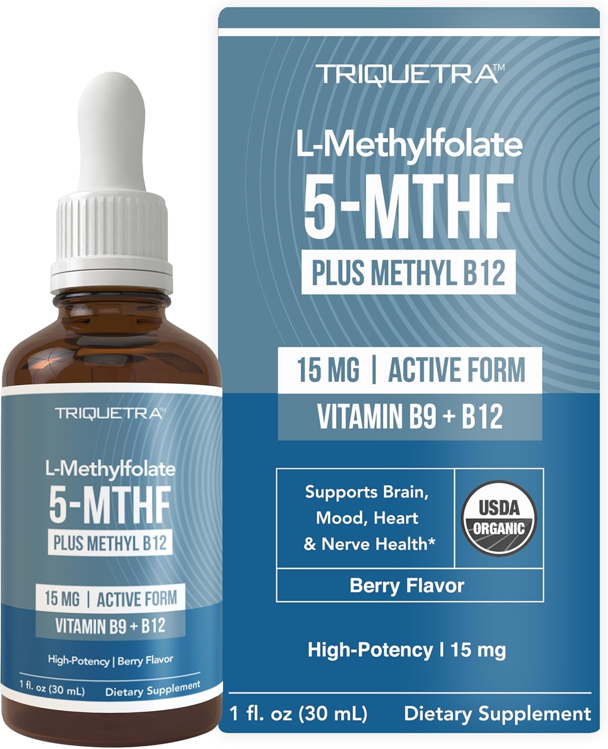 L Methyl Folate 15mg Plus Methyl B12 Cofactor – Organic Berry Flavor, High Potency Liquid Sublingual Active 5-MTHF Form - Supports Mood, Methylation, Cognition – Bioactive Forms Vitamin B9 & B12 (1oz)