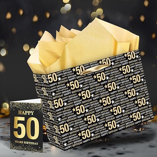 Miniatura 5 de RUMIA Bolsa de regalo de cumpleaños número 50, bolsa de regalo de cumpleaños 50 con papel de seda y tarjeta, bolsas de regalo de papel kraft de 50