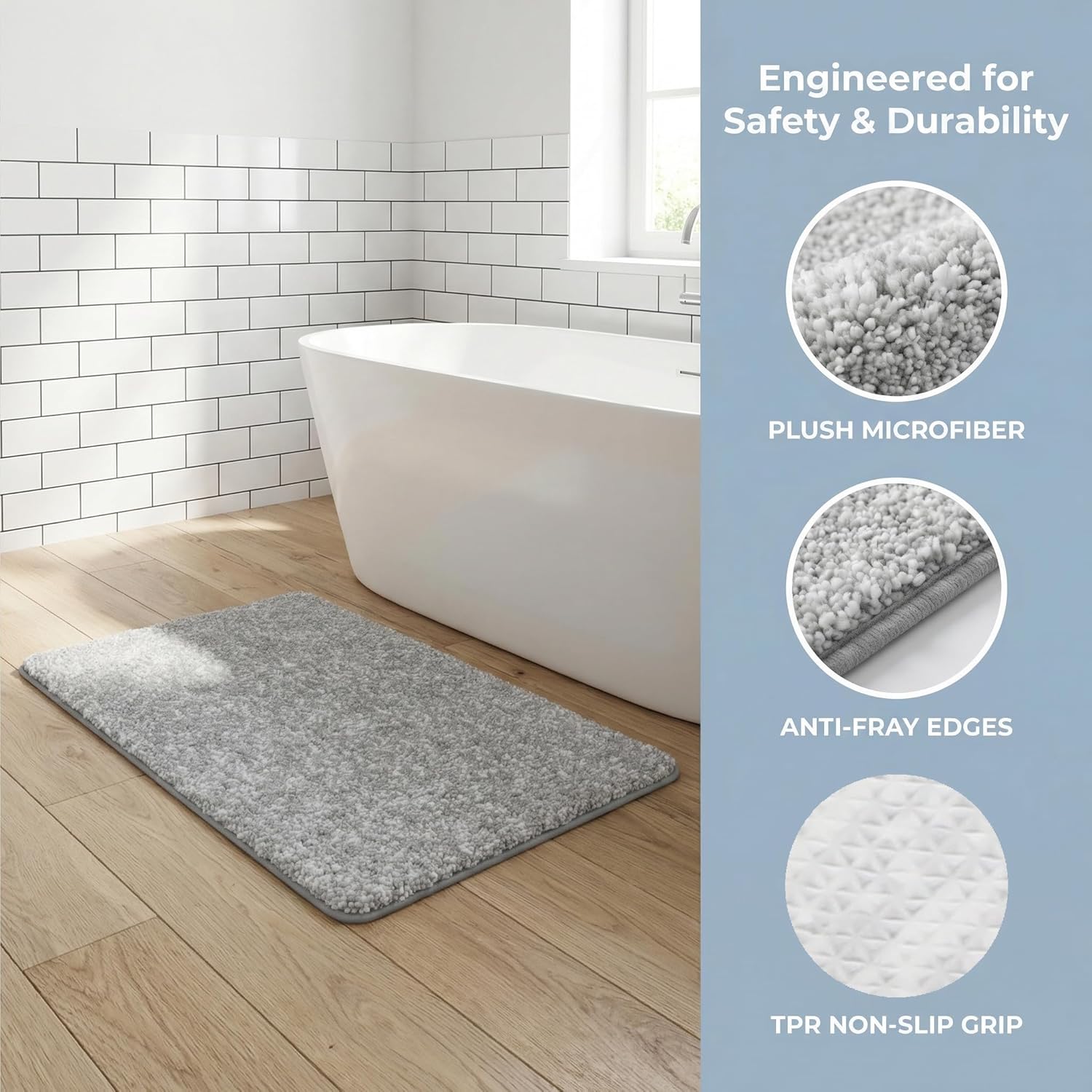 Bath Rug, Soft Microfiber Water Absorbent Bath Mat, Non Slip TPR Backing, Machine Washable Bathroom Rug for Shower Tub Sink Bedroom Kitchen Indoor Home Decor, Grey 32x20 Inch